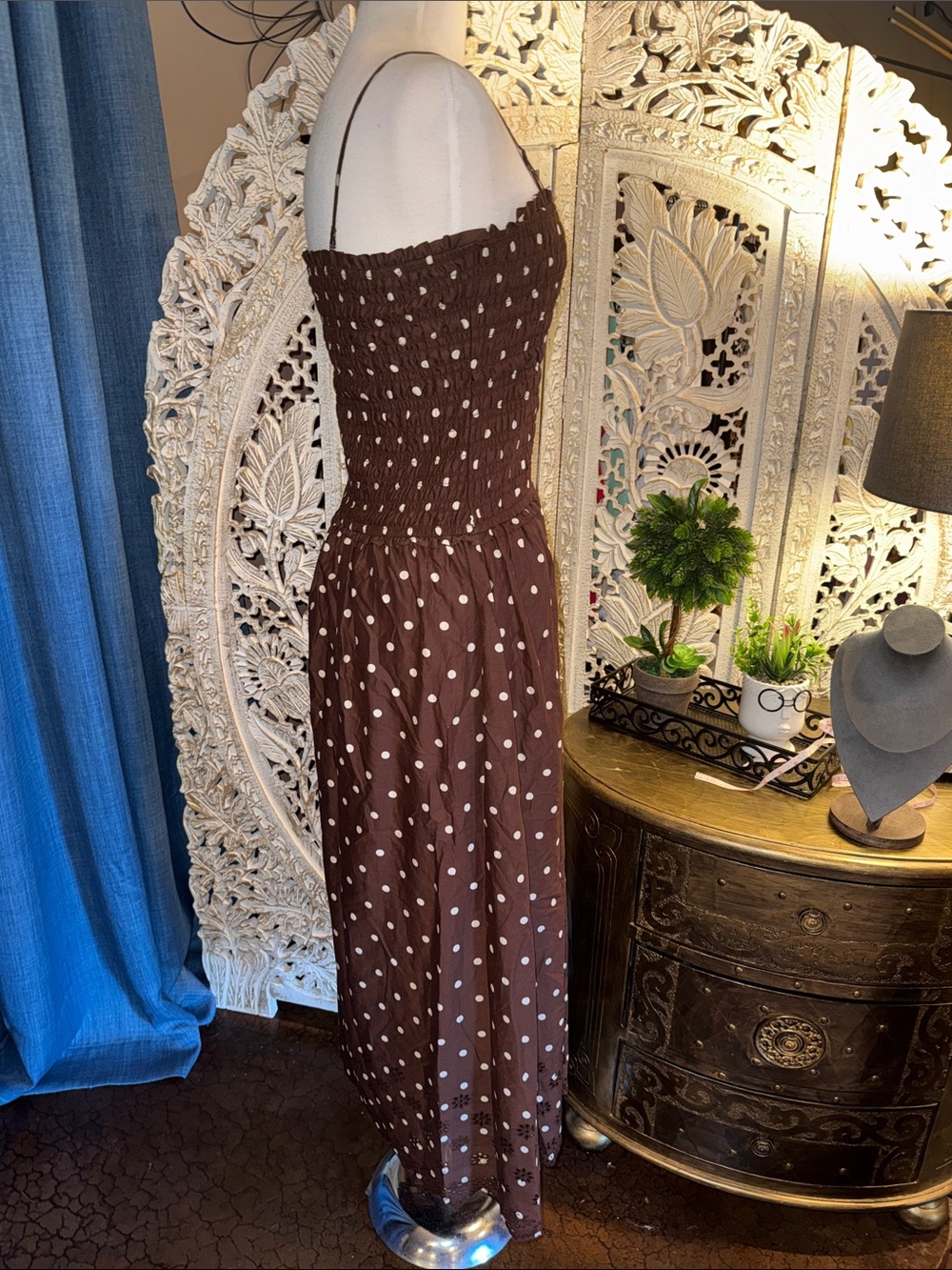 Smocked Brown Polka Dot Midi Dress with Spaghetti Straps 
P2P 15” lying flat - Picture 2 of 5